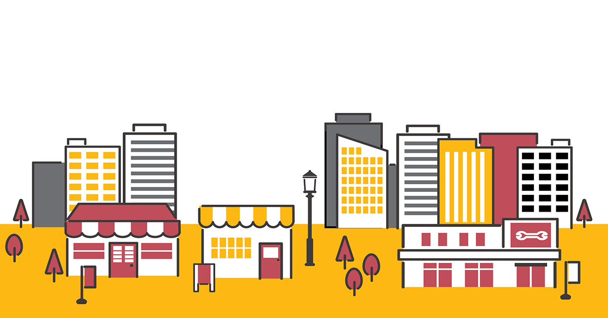 A simple line-drawn scene, in the Here4 Insurance brand colours of yellow and red, depicting a town landscape in which different businesses have their offices, workshops, garage and shops. The buildings symbolise the many different businesses, trades and professionals who can find relevant insurance products in the Business, Work and Trade section of the Here4 Insurance website.